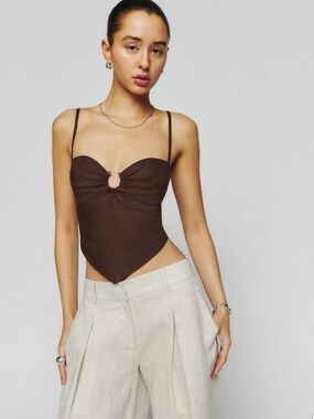 Reformation Brown Linen-Blend Corset Cami with Ring Detail